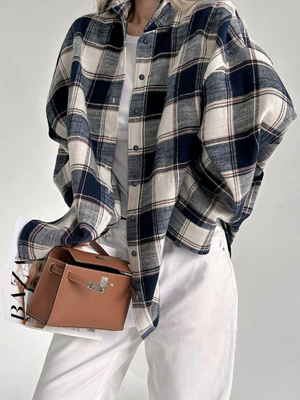 Forever 21 Casual Loose Plaid Shirt Fall Cotton Mid Length
